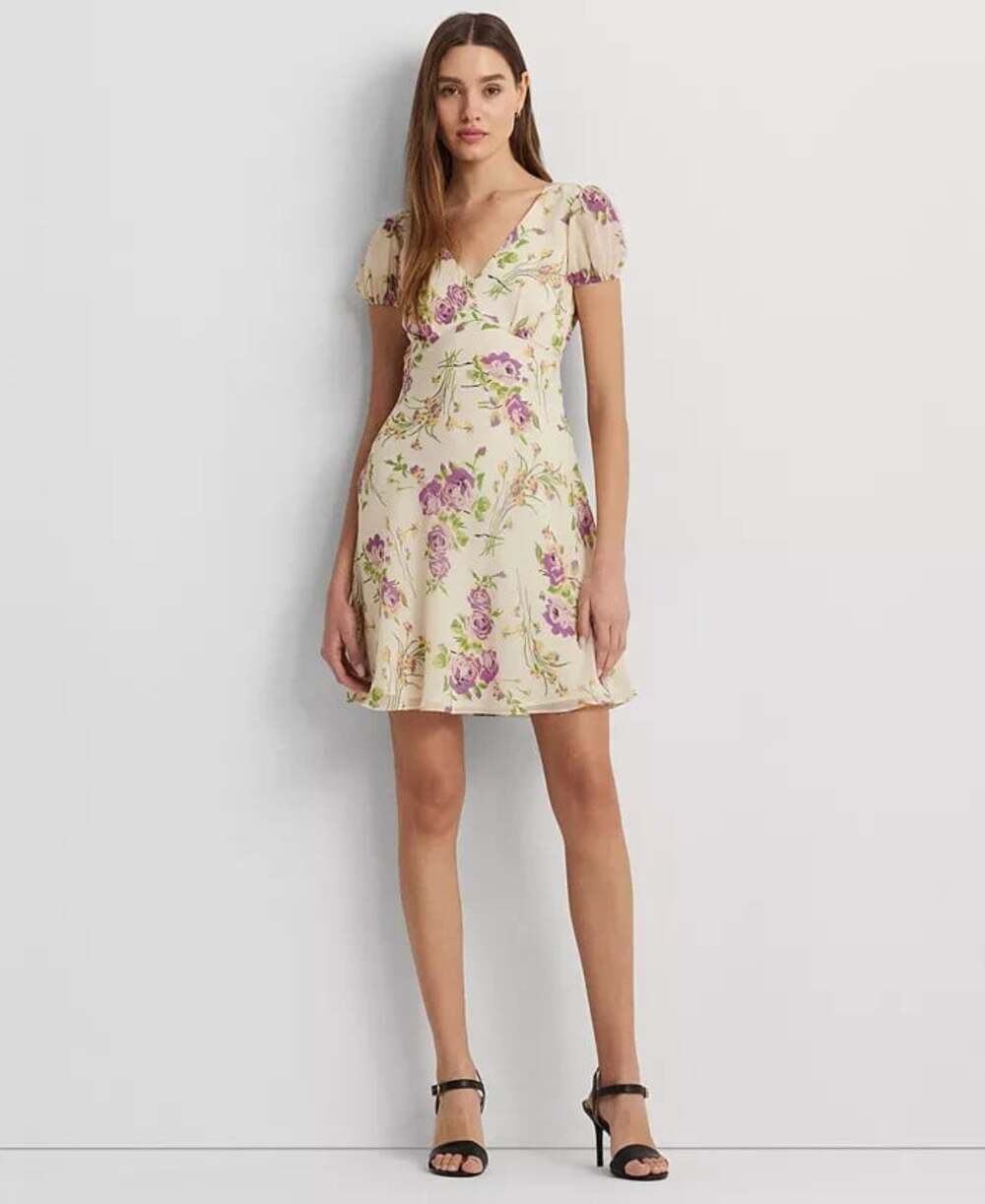 Lauren Ralph Lauren Women's Size 4 Cream Floral Georgette Puff-Sleeve Dress NWT